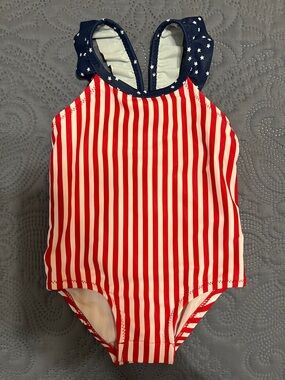 Red & White Striped One-Piece Swimsuit with Navy Star Straps